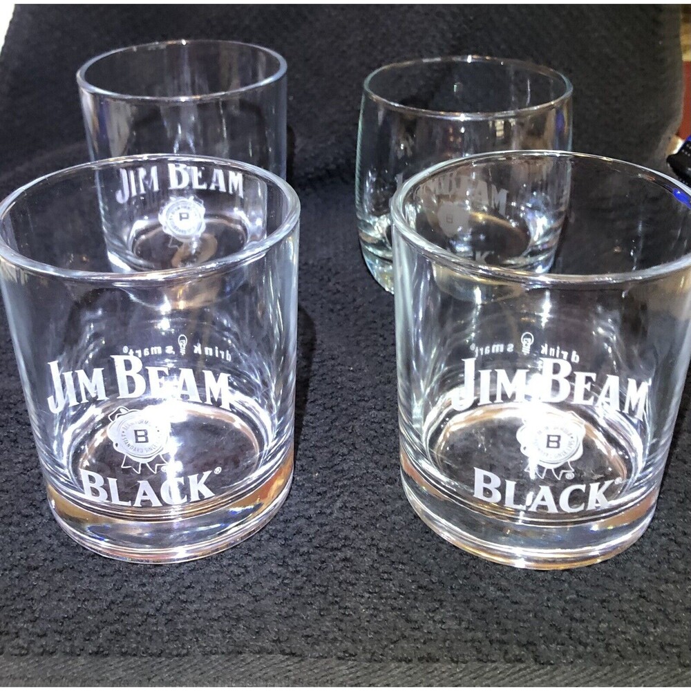 Jim Beam Black Whiskey Rocks Glasses Football Etched In One- Lot Of‎ 4 Different